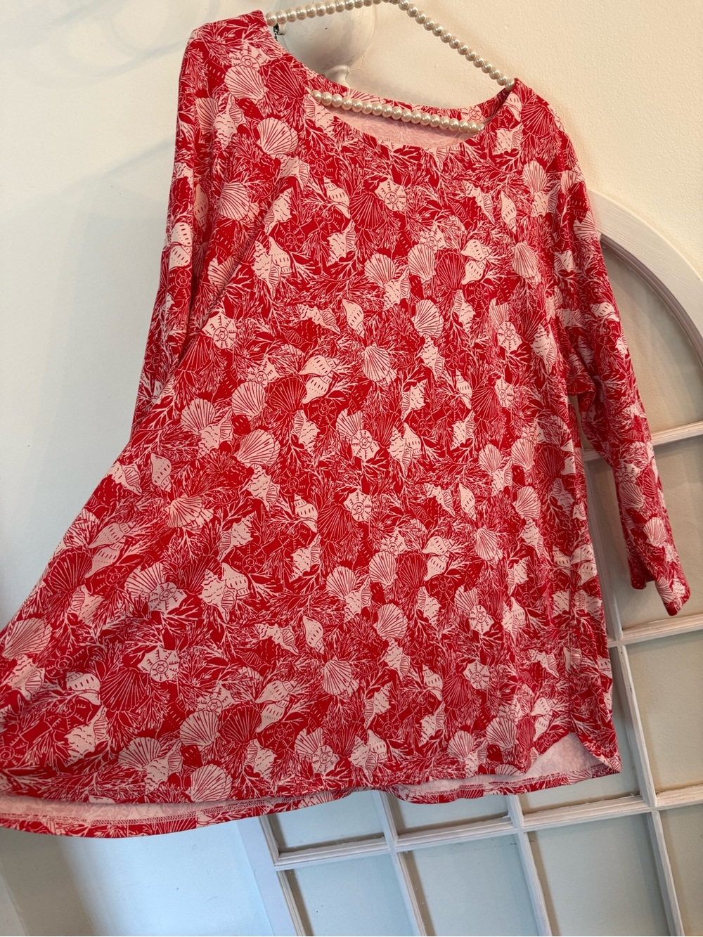 J. Jill Red and White Seashell Swing Tunic Top Blouse Beach Resort Whimsical 2X